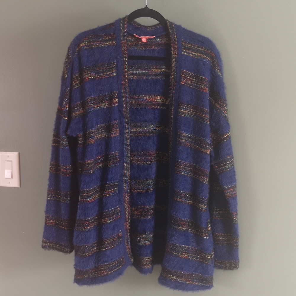ModCloth Fuzzy Eyelash Cozy Cardigan Sweater Navy with Colourful Stripes Sz M